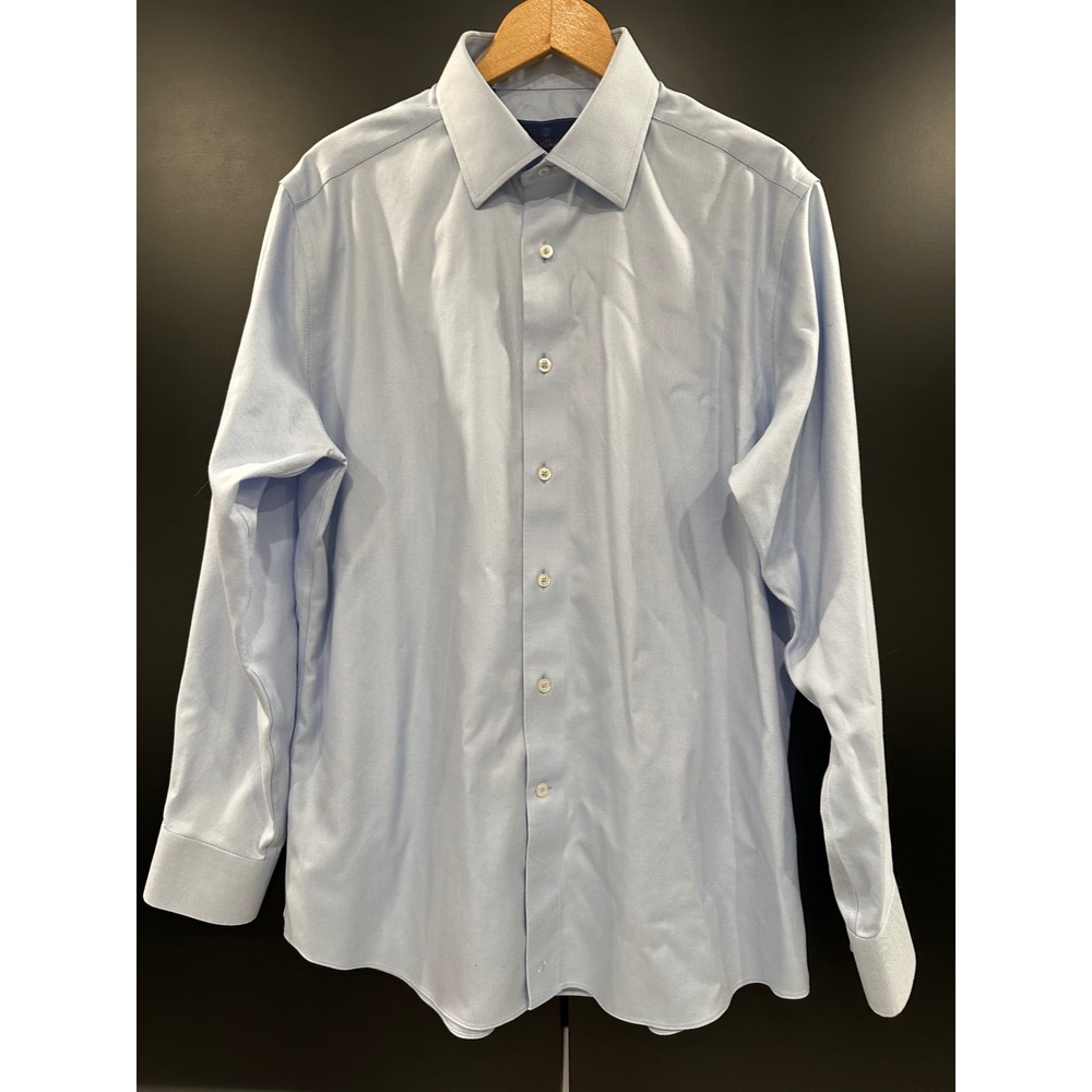 David Donahue Luxury Non Iron Trim Fit Dress Shirt Light Blue Stripe 17 34/35